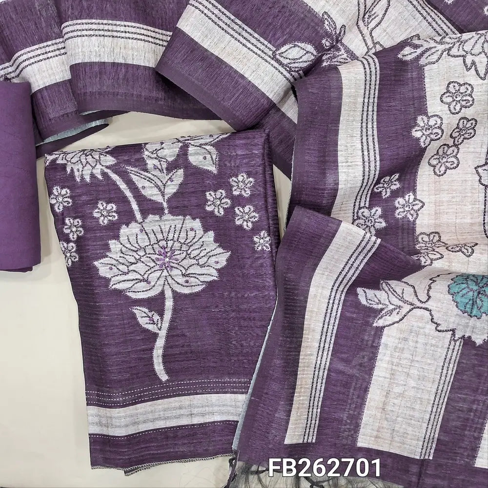 Dark purple digital printed jute silk unstitched salwar material(thin,textured,lining needed)thread embroidery work with floral printed on front,matching spun cotton bottom,printed and stripes on jute silk dupatta. FB262701