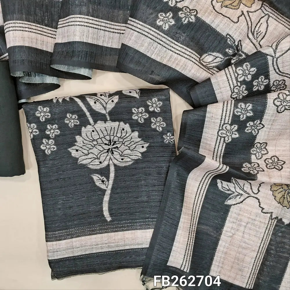 Black digital printed jute silk unstitched salwar material(thin,textured,lining needed)thread embroidery work with floral printed on front,matching spun cotton bottom,printed and stripes on jute silk dupatta. FB262704