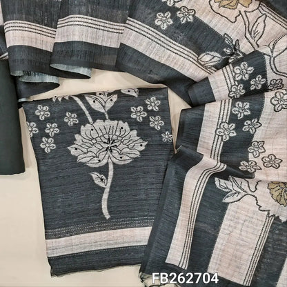 Black digital printed jute silk unstitched salwar material(thin,textured,lining needed)thread embroidery work with floral printed on front,matching spun cotton bottom,printed and stripes on jute silk dupatta. FB262704