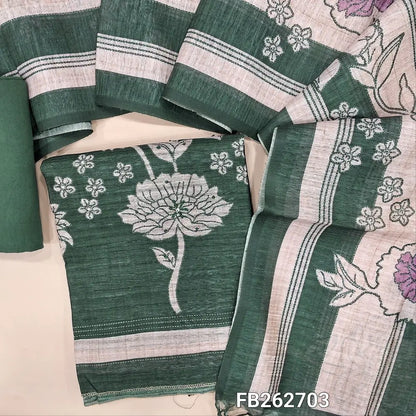 Dark green digital printed jute silk unstitched salwar material(thin,textured,lining needed)thread embroidery work with floral printed on front,matching spun cotton bottom,printed and stripes on jute silk dupatta. FB262703