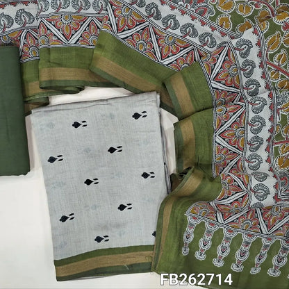 Light grey premium silk cotton unstitched salwar material(lining needed) printed all over, daman with tissue borders,dark olive green spun cotton bottom, kalamkari printed full length premium silk cotton dupatta. FB262714