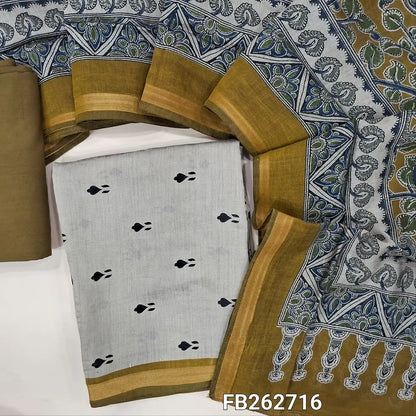 Light grey premium silk cotton unstitched salwar material(lining needed) printed all over, daman with tissue borders, mehandhi green spun cotton bottom, kalamkari printed full length premium silk cotton dupatta. FB262716