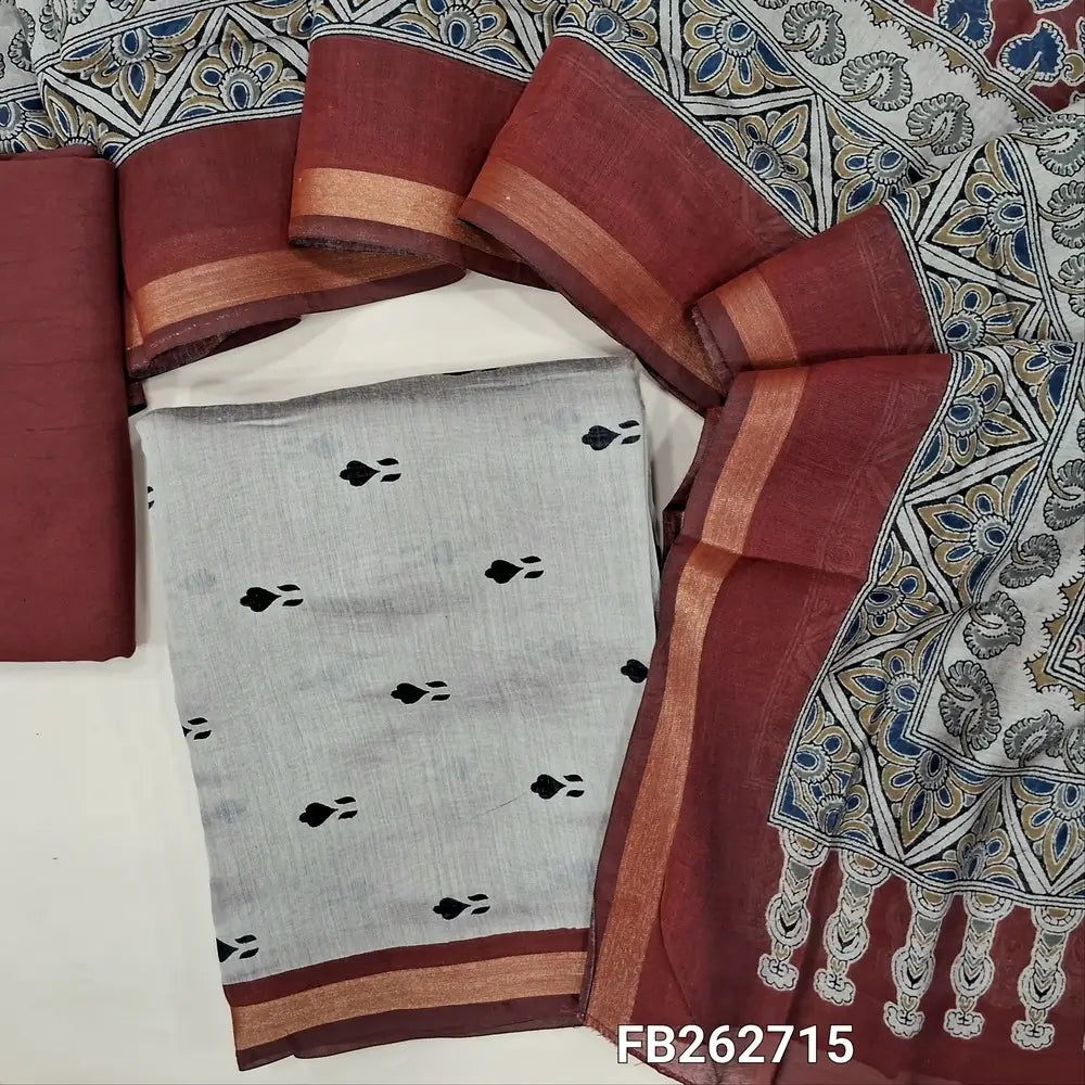 Light grey premium silk cotton unstitched salwar material(lining needed) printed all over, daman with tissue borders,dark maroon spun cotton bottom, kalamkari printed full length premium silk cotton dupatta. FB262715