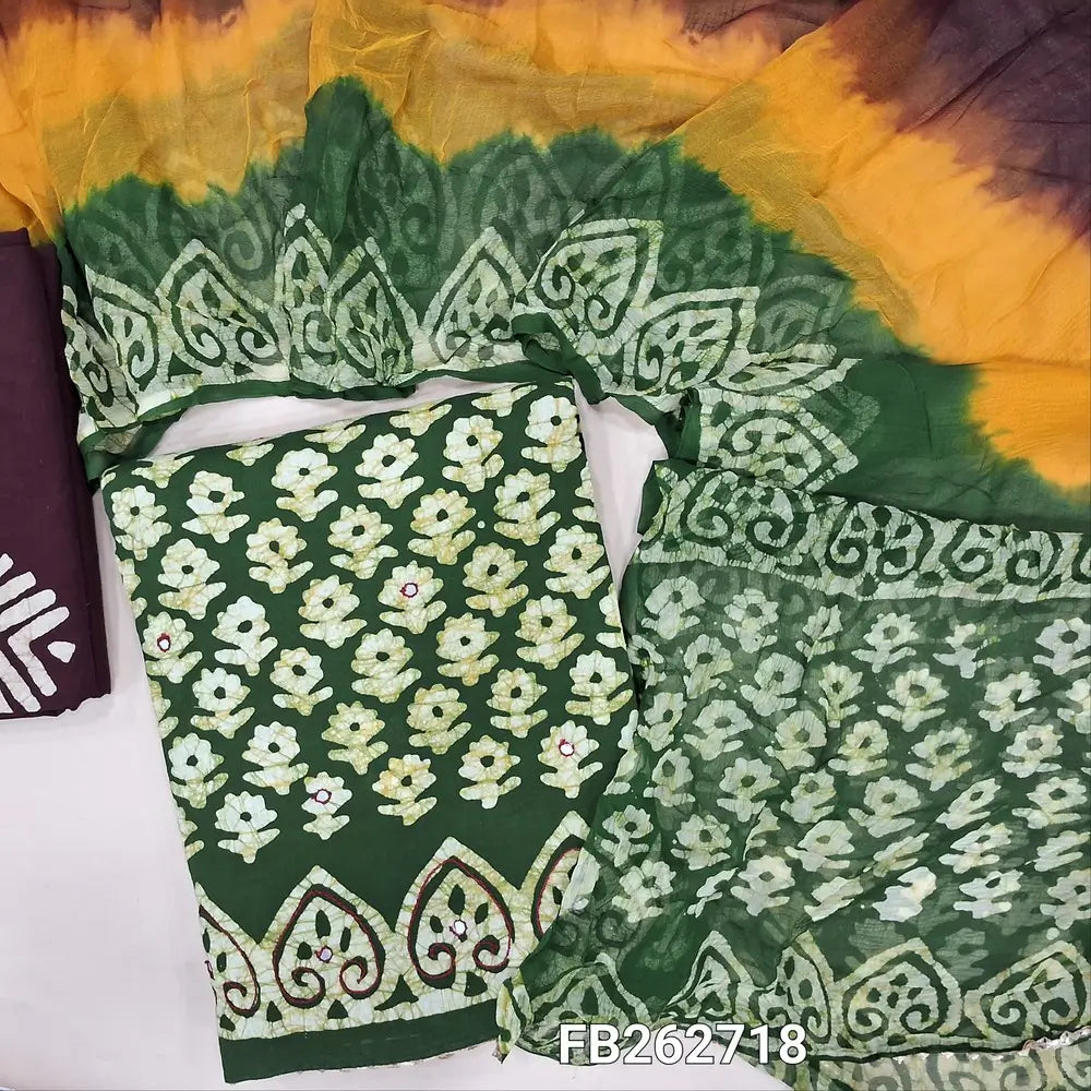 Dark green original wax batik dyed pure soft cotton unstitched salwar material( thin,lining needed)faux mirror work all over, maroon batik dyed cotton bottom, original wax batik dyed multicolor pure chiffon dupatta. FB262718
