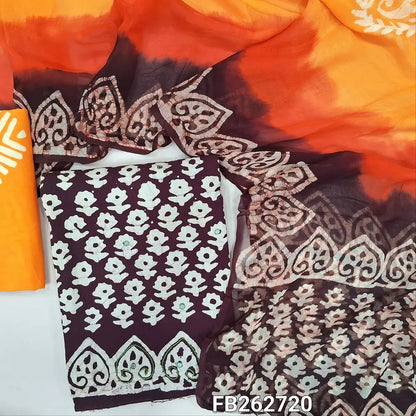 Dark maroon original wax batik dyed pure soft cotton unstitched salwar material( thin,lining needed)faux mirror work all over,bright mango yellow batik dyed cotton bottom, original wax batik dyed multicolor pure chiffon dupatta. FB262720