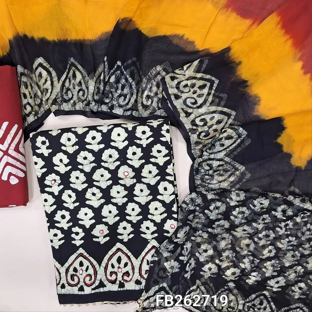 Black original wax batik dyed pure soft cotton unstitched salwar material( thin,lining needed)faux mirror work all over,reddish maroon batik dyed cotton bottom, original wax batik dyed multicolor pure chiffon dupatta. FB262719