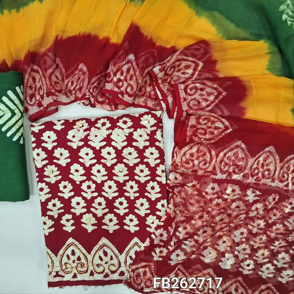 Reddish maroon original wax batik dyed pure soft cotton unstitched salwar material( thin,lining needed)faux mirror work all over, dark green batik dyed cotton bottom, original wax batik dyed multicolor pure chiffon dupatta. FB262717