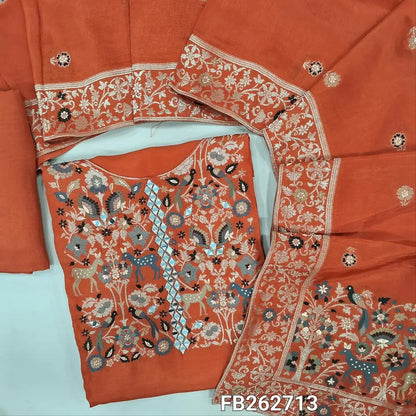 Rust orange pure uppada silk unstitched salwar material, (lining needed)round neck, thread weaving and zari woven, real mirror work on yoke,rich daman border,matching santoon bottom,pure uppada silk with rich Meenakari weaving dupatta with pallu. FB262713