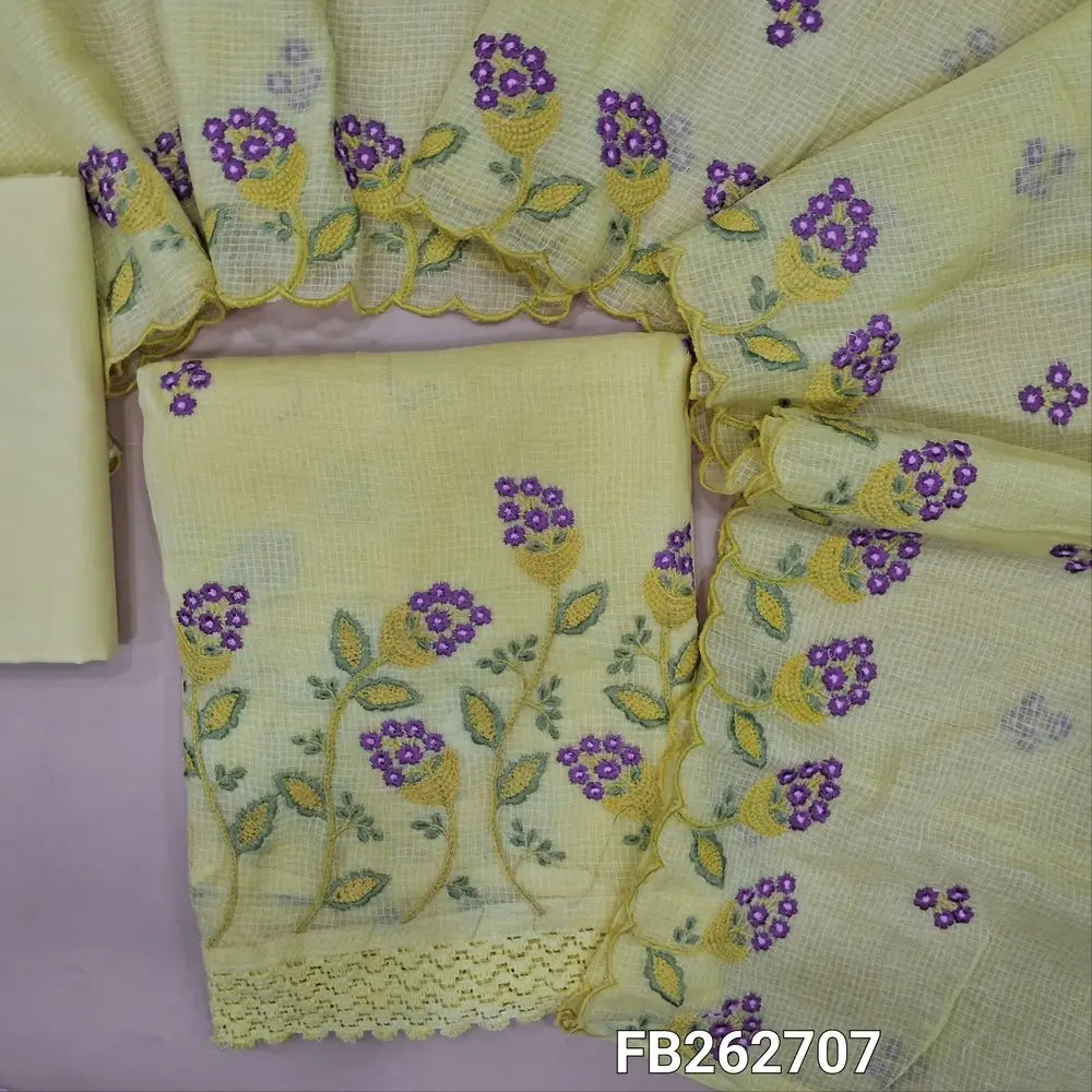 Pastel yellow pure kota cotton unstitched salwar material (thin,lining needed) floral embroidery on front,rich embroidery on daman, matching cotton bottom, embroidery kota cotton dupatta with scallop borders. FB262707