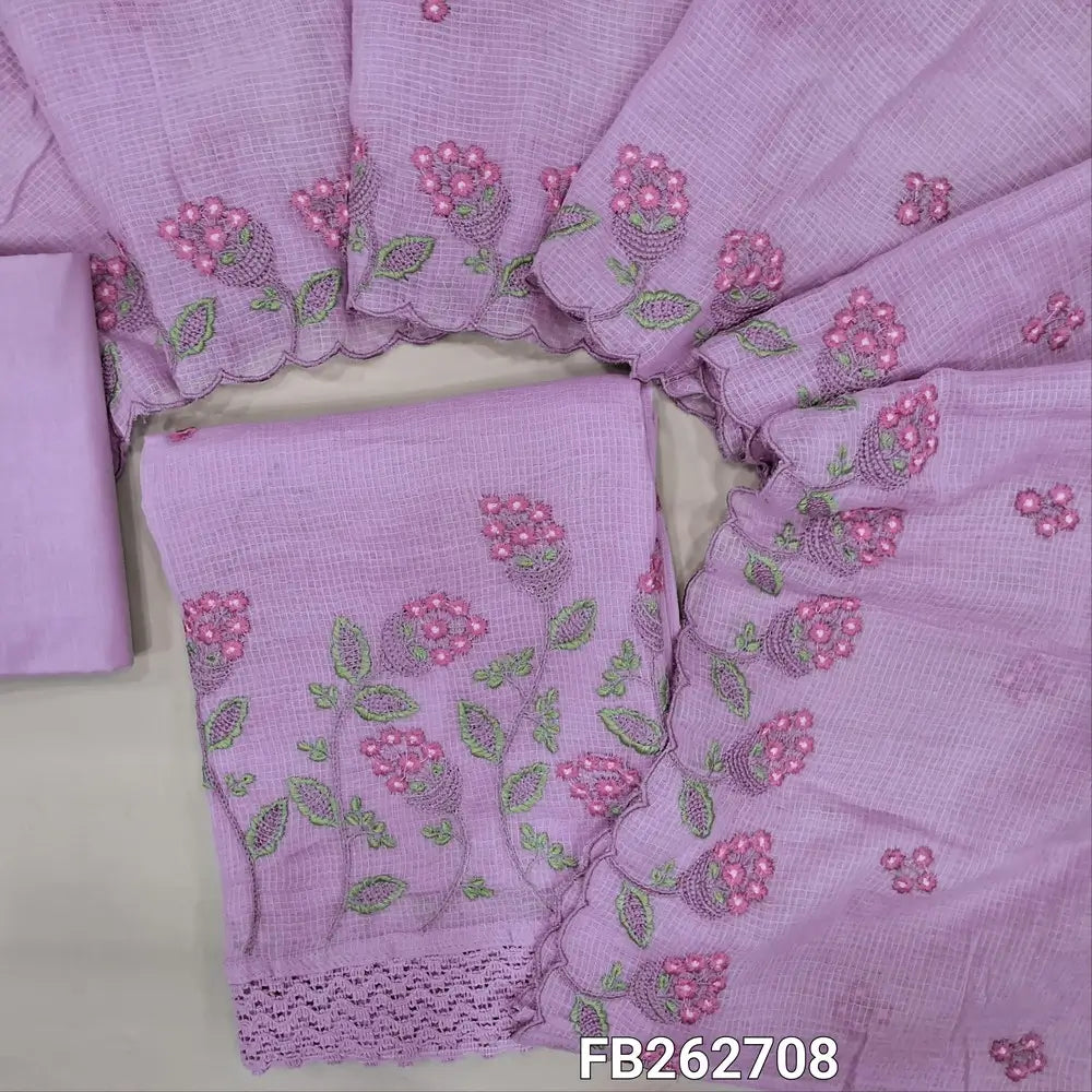 Lavender pure kota cotton unstitched salwar material (thin,lining needed) floral embroidery on front,rich embroidery on daman, matching cotton bottom, embroidery kota cotton dupatta with scallop borders. FB262708