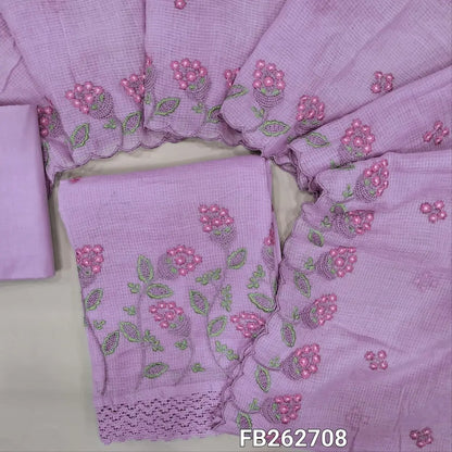 Lavender pure kota cotton unstitched salwar material (thin,lining needed) floral embroidery on front,rich embroidery on daman, matching cotton bottom, embroidery kota cotton dupatta with scallop borders. FB262708
