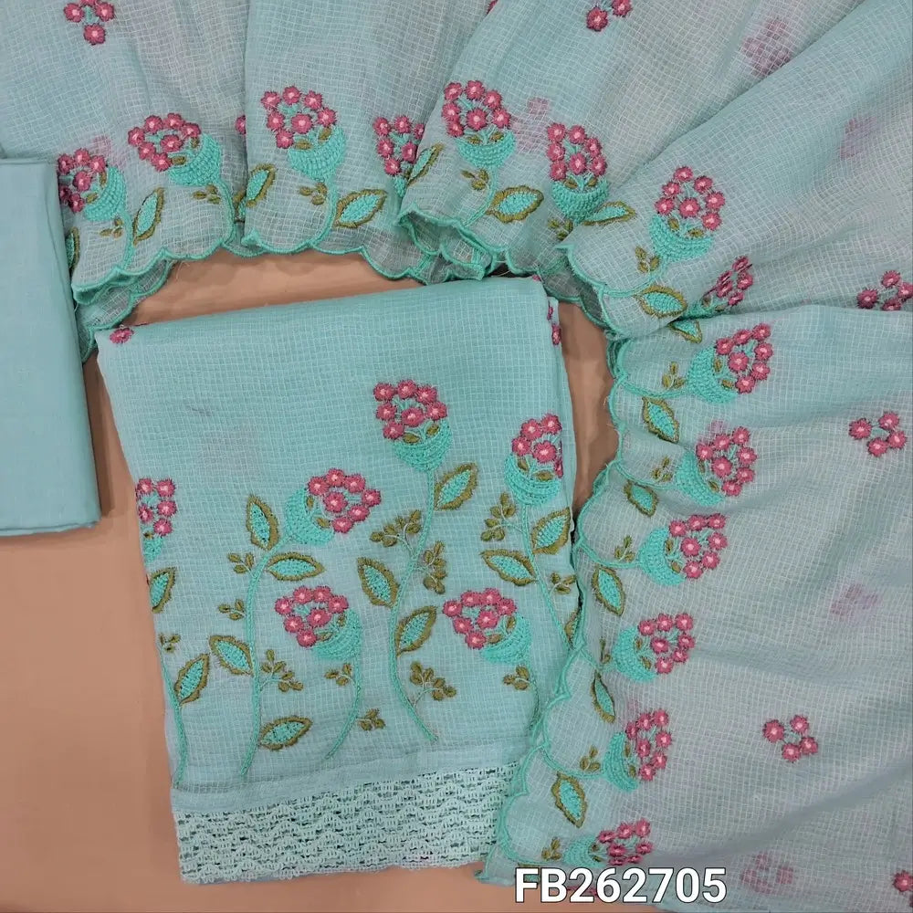 Pastel blue pure kota cotton unstitched salwar material (thin,lining needed) floral embroidery on front,rich embroidery on daman, matching cotton bottom, embroidery kota cotton dupatta with scallop borders. FB262705