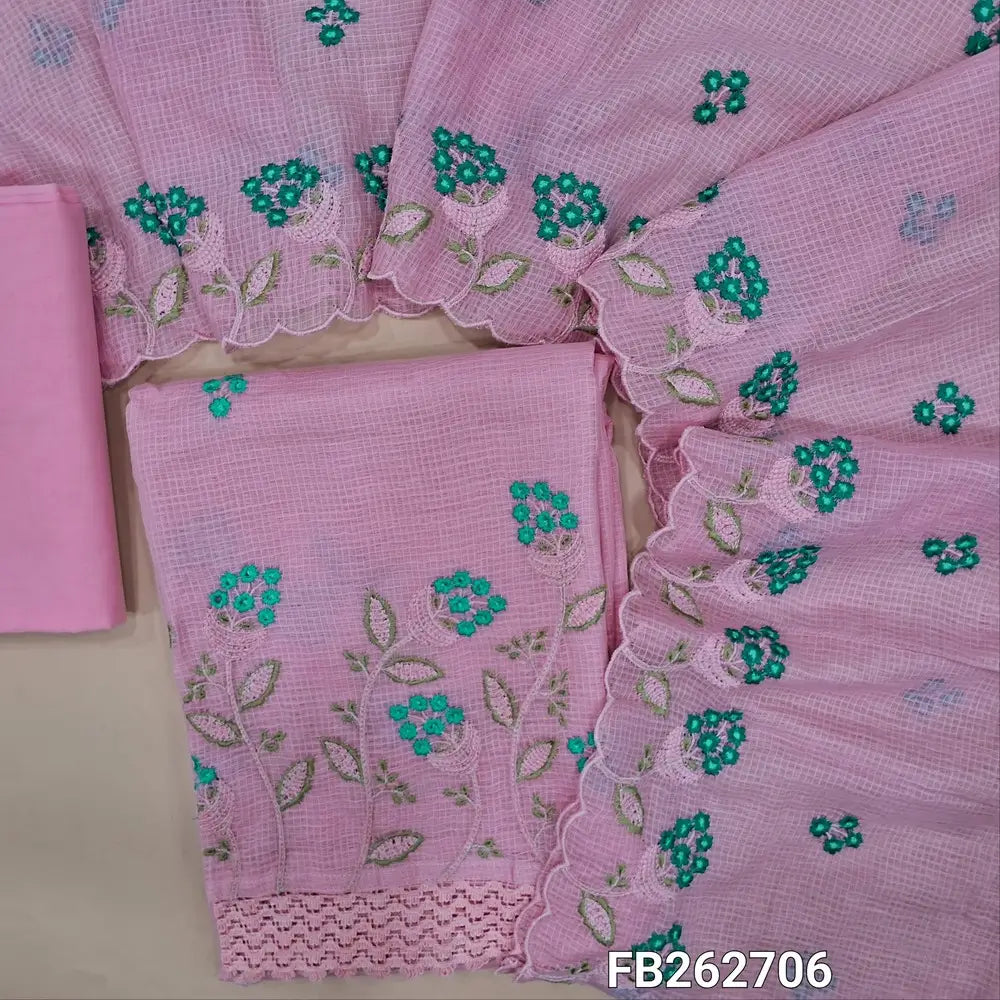 Pastel pink pure kota cotton unstitched salwar material (thin,lining needed) floral embroidery on front,rich embroidery on daman, matching cotton bottom, embroidery kota cotton dupatta with scallop borders. FB262706