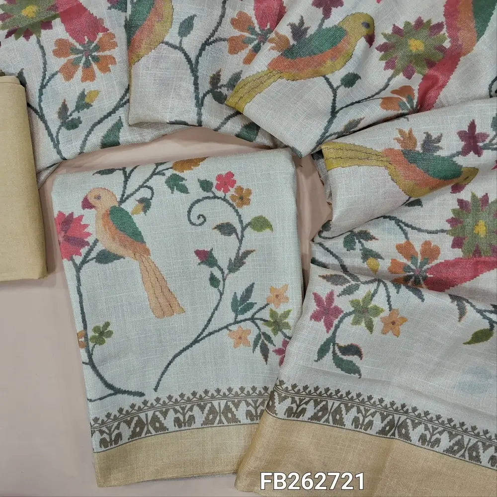 Half white base premium soft tissue silk cotton unstitched salwar material, real mirror and thread detailing on yoke (Shiny, Lining Needed) Printed Daman,beige santoon bottom, Digital printed tissue silk cotton dupatta.FB262721