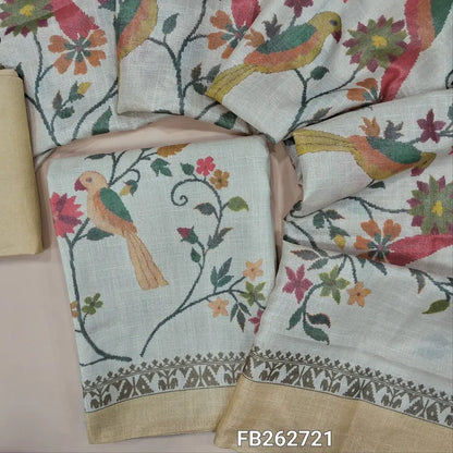 Half white base premium soft tissue silk cotton unstitched salwar material, real mirror and thread detailing on yoke (Shiny, Lining Needed) Printed Daman,beige santoon bottom, Digital printed tissue silk cotton dupatta.FB262721