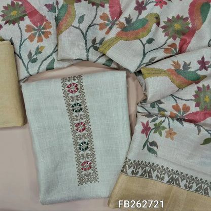 Half white base premium soft tissue silk cotton unstitched salwar material, real mirror and thread detailing on yoke (Shiny, Lining Needed) Printed Daman,beige santoon bottom, Digital printed tissue silk cotton dupatta.FB262721