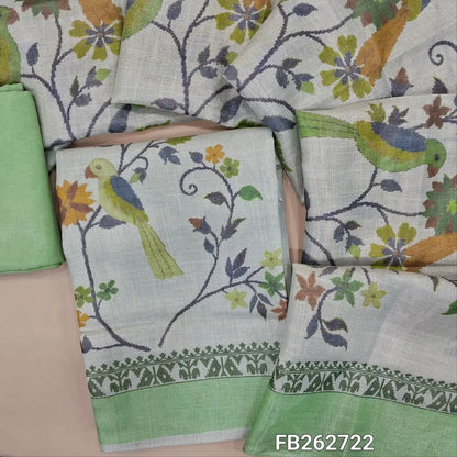 Pale green premium soft tissue silk cotton unstitched salwar material, real mirror and thread detailing on yoke (Shiny, Lining Needed) Printed Daman, pastel green santoon bottom, Digital printed tissue silk cotton dupatta.FB262722