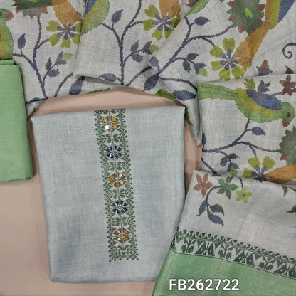 Pale green premium soft tissue silk cotton unstitched salwar material, real mirror and thread detailing on yoke (Shiny, Lining Needed) Printed Daman, pastel green santoon bottom, Digital printed tissue silk cotton dupatta.FB262722
