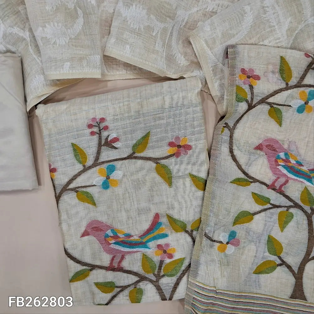 Half white jamdani woven silk cotton unstitched salwar material, floral weaving on front, rich weaving daman (lining needed) matching silky bottom,jamdani woven full length silk cotton dupatta. FB262803