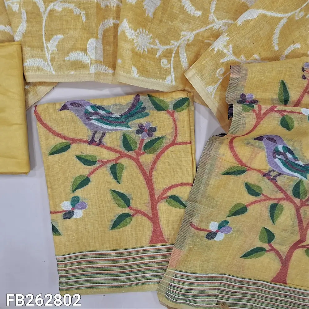 Pastel yellow jamdani woven silk cotton unstitched salwar material, floral weaving on front, rich weaving daman (lining needed) matching silky bottom,jamdani woven full length silk cotton dupatta. FB262802