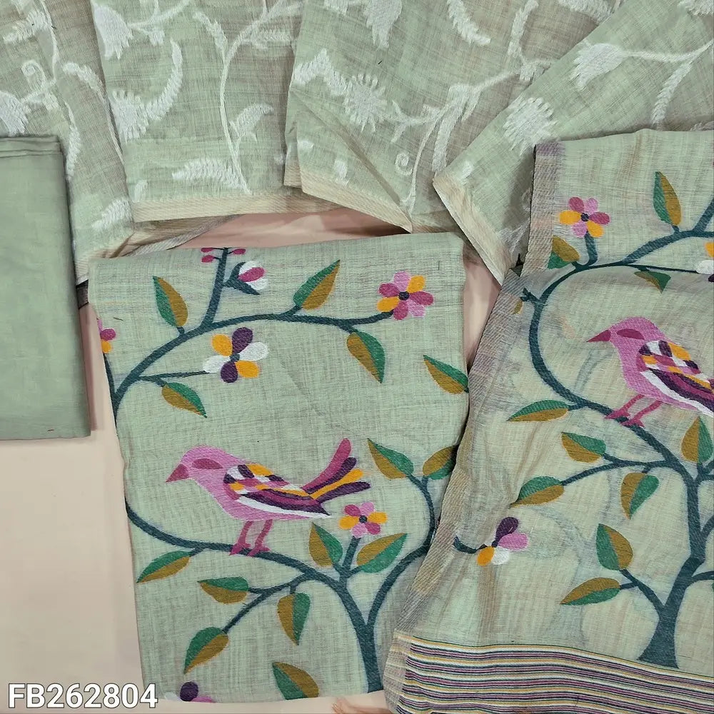 Pastel green jamdani woven silk cotton unstitched salwar material, floral weaving on front, rich weaving daman (lining needed) matching silky bottom,jamdani woven full length silk cotton dupatta. FB262804