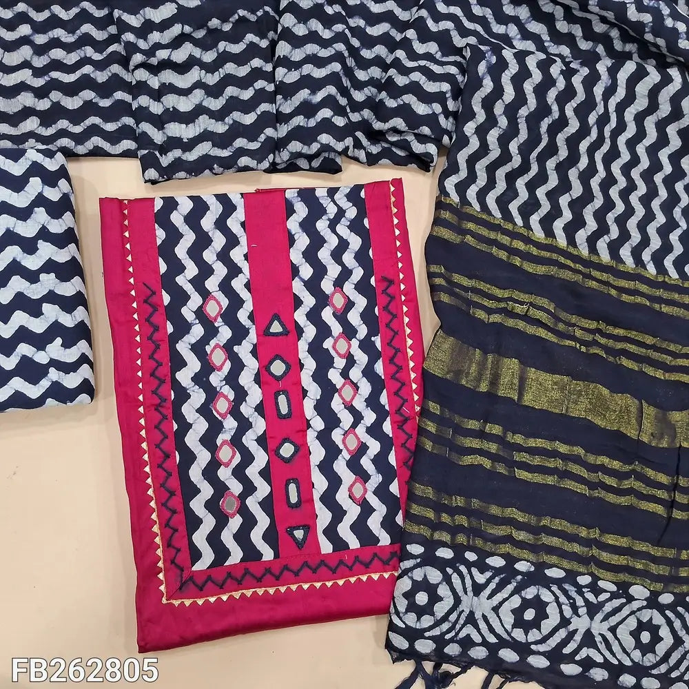 Bright pink satin cotton unstitched salwar material,embroidery,real mirror and wax batik dyed on yoke,(lining optional)dark blue batik dyed cotton bottom,batik dyed linen cotton dupatta with gold zari line pallu. FB262805