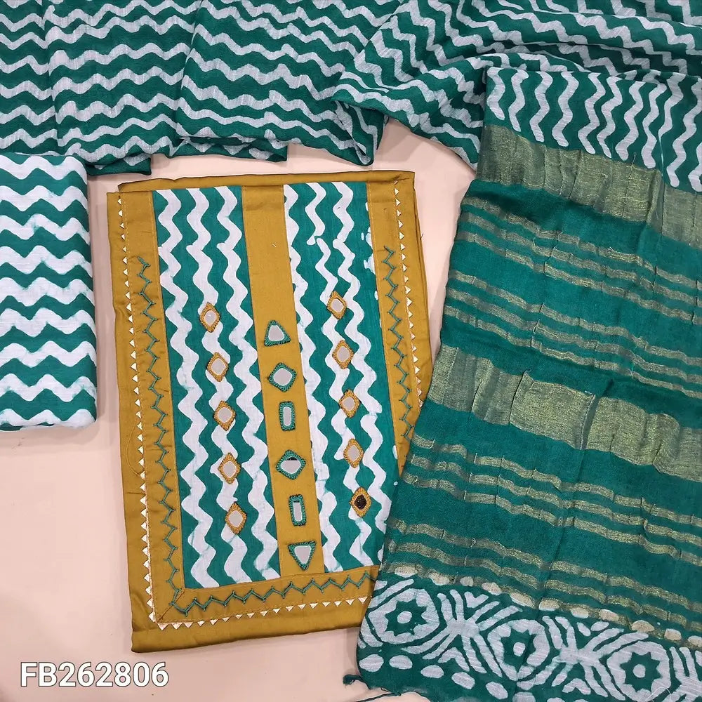 Mehandhi yellow satin cotton unstitched salwar material,embroidery,real mirror and wax batik dyed on yoke,(lining optional)turquoise green batik dyed cotton bottom,batik dyed linen cotton dupatta with gold zari line pallu. FB262808