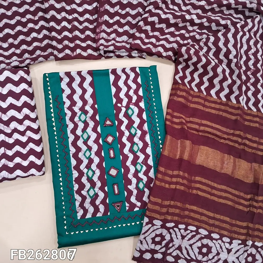 Dark turquoise green satin cotton unstitched salwar material,embroidery,real mirror and wax batik dyed on yoke,(lining optional)dark maroon batik dyed cotton bottom,batik dyed linen cotton dupatta with gold zari line pallu. FB262807