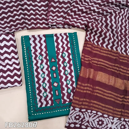 Dark turquoise green satin cotton unstitched salwar material,embroidery,real mirror and wax batik dyed on yoke,(lining optional)dark maroon batik dyed cotton bottom,batik dyed linen cotton dupatta with gold zari line pallu. FB262807