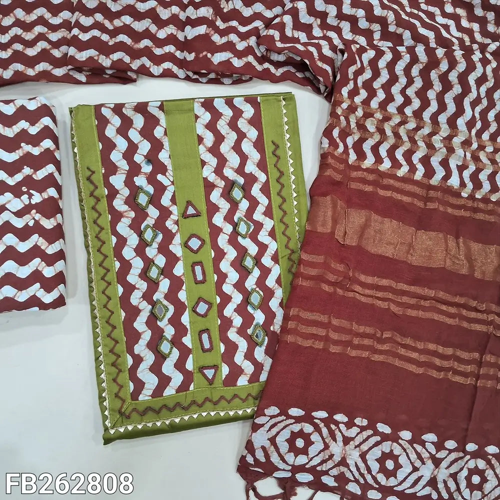 Mehandhi green satin cotton unstitched salwar material,embroidery,real mirror and wax batik dyed on yoke,(lining optional)brick red batik dyed cotton bottom,batik dyed linen cotton dupatta with gold zari line pallu. FB262806