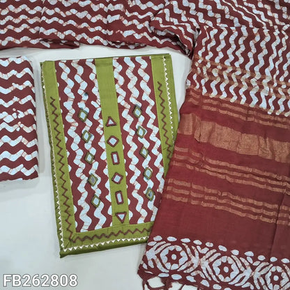 Mehandhi green satin cotton unstitched salwar material,embroidery,real mirror and wax batik dyed on yoke,(lining optional)brick red batik dyed cotton bottom,batik dyed linen cotton dupatta with gold zari line pallu. FB262806