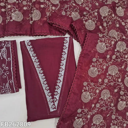 Designer dark maroon soft silk cotton unstitched salwar material, V neck with thread, cut work and lace work(silky, lining needed)embroidered silk cotton bottom, rich thread embroidery on kota dupatta with lace tapping. FB262809