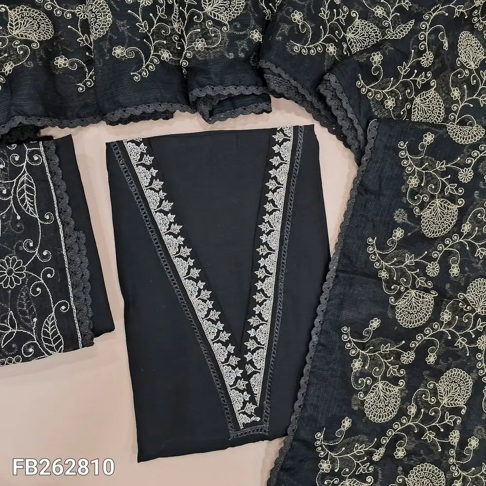 Designer black soft silk cotton unstitched salwar material, V neck with thread, cut work and lace work(silky, lining needed)embroidered silk cotton bottom, rich thread embroidery on kota dupatta with lace tapping. FB262810