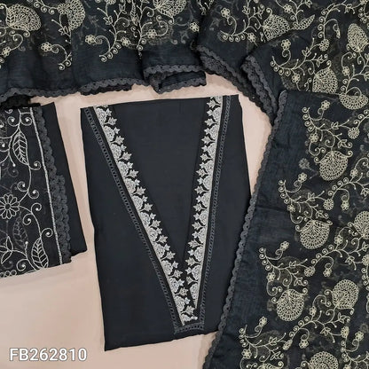 Designer black soft silk cotton unstitched salwar material, V neck with thread, cut work and lace work(silky, lining needed)embroidered silk cotton bottom, rich thread embroidery on kota dupatta with lace tapping. FB262810