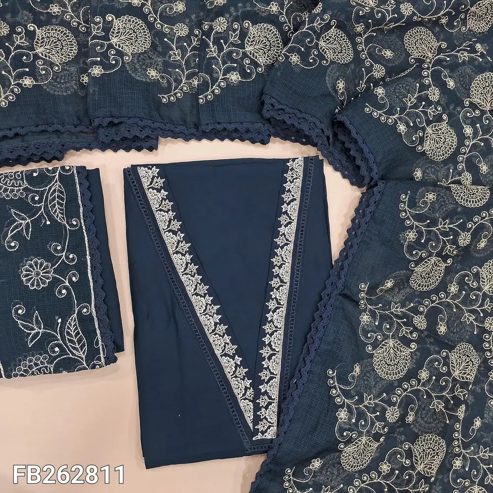 Designer dark teal blue soft silk cotton unstitched salwar material, V neck with thread, cut work and lace work(silky, lining needed)embroidered silk cotton bottom, rich thread embroidery on kota dupatta with lace tapping. FB262811
