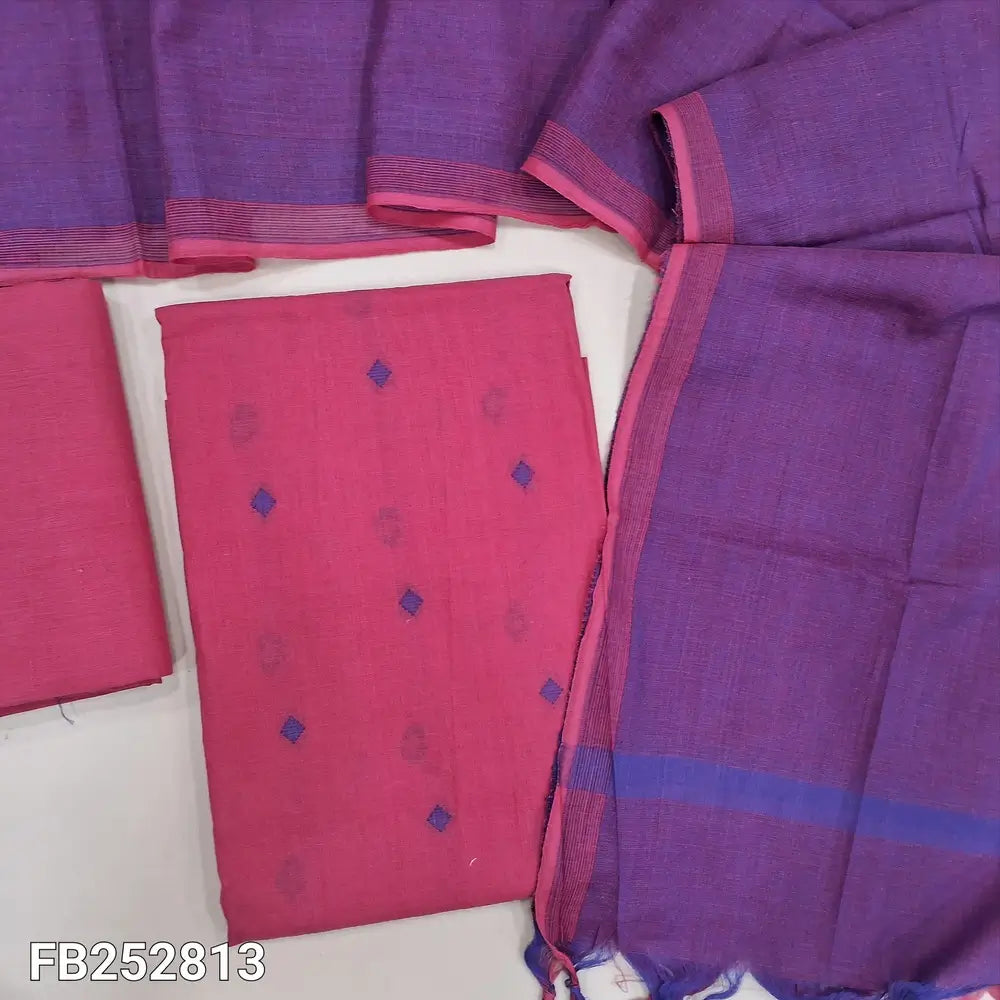 Pink handloom cotton unstitched salwar material (lining needed) thread woven all over,matching handloom cotton bottom, dual shaded handloom cotton dupatta with tassles.  FB262813