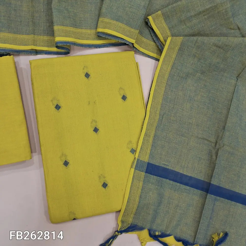 Bright yellowish green handloom cotton unstitched salwar material (lining needed) thread woven all over,matching handloom cotton bottom, dual shaded handloom cotton dupatta with tassles.  FB262814
