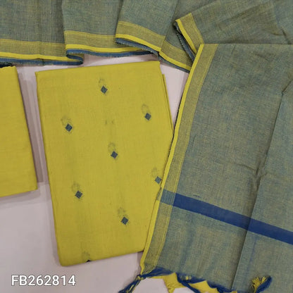 Bright yellowish green handloom cotton unstitched salwar material (lining needed) thread woven all over,matching handloom cotton bottom, dual shaded handloom cotton dupatta with tassles.  FB262814