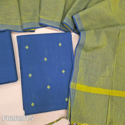 Blueish grey handloom cotton unstitched salwar material (lining needed) thread woven all over,matching handloom cotton bottom, dual shaded handloom cotton dupatta with tassles.  FB262815