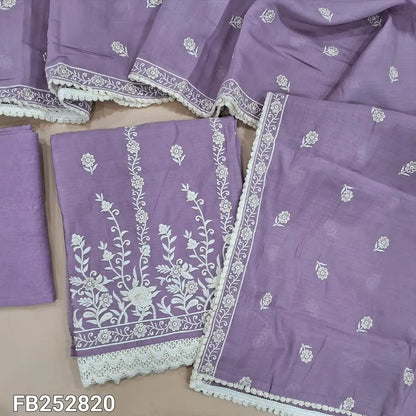 Lavender soft silk cotton unstitched salwar material,embroidered and sequins on front(thin, lining needed) matching santoon bottom, embroidery work on soft silk cotton dupatta with lace tapping. FB262820