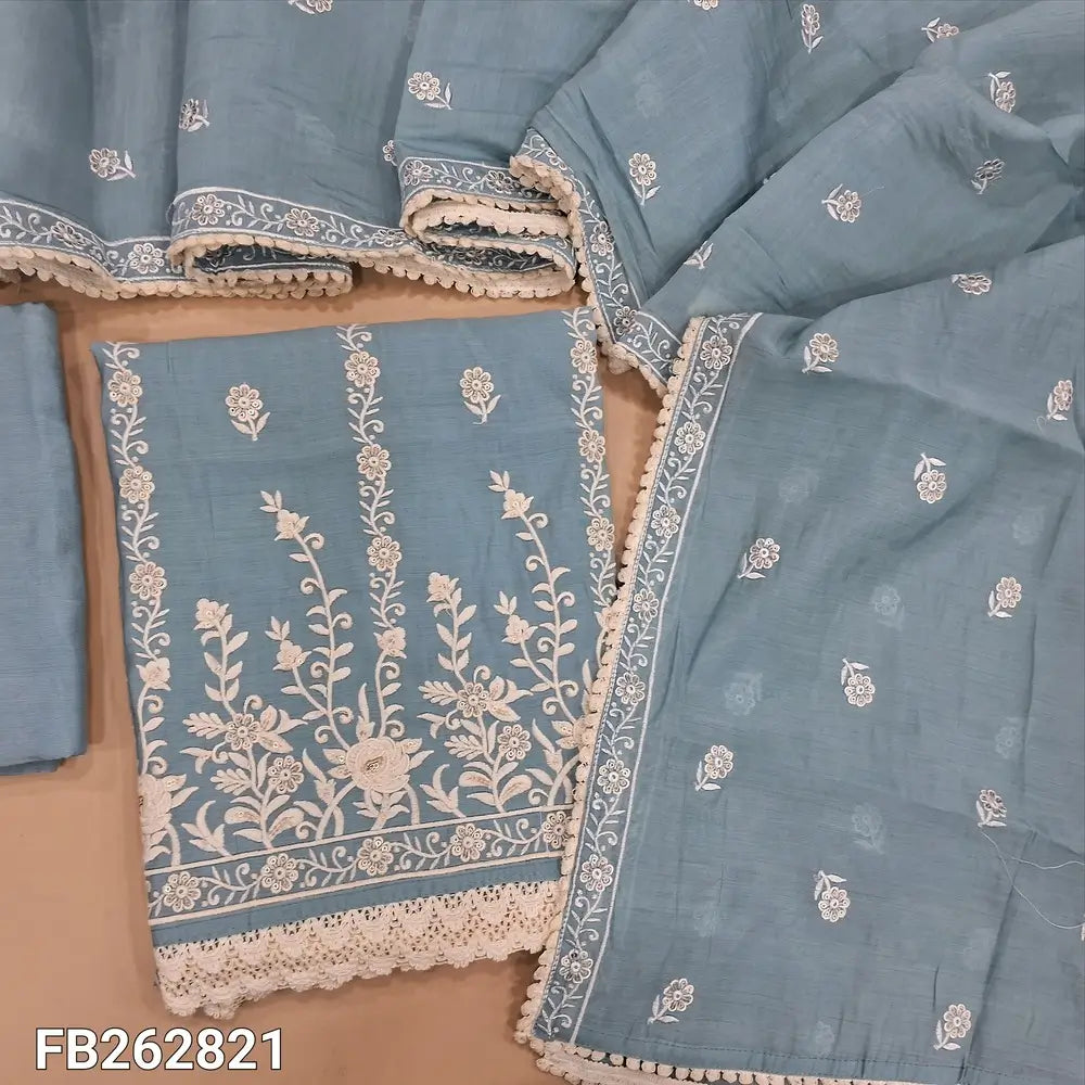 Powder blue soft silk cotton unstitched salwar material,embroidered and sequins on front(thin, lining needed) matching santoon bottom, embroidery work on soft silk cotton dupatta with lace tapping. FB262821