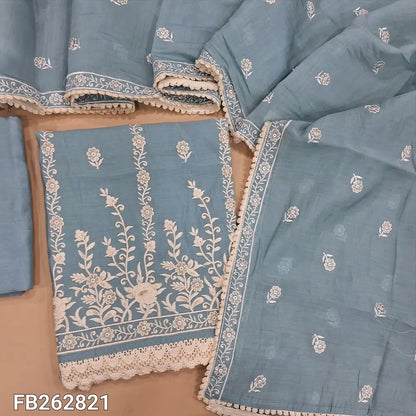 Powder blue soft silk cotton unstitched salwar material,embroidered and sequins on front(thin, lining needed) matching santoon bottom, embroidery work on soft silk cotton dupatta with lace tapping. FB262821