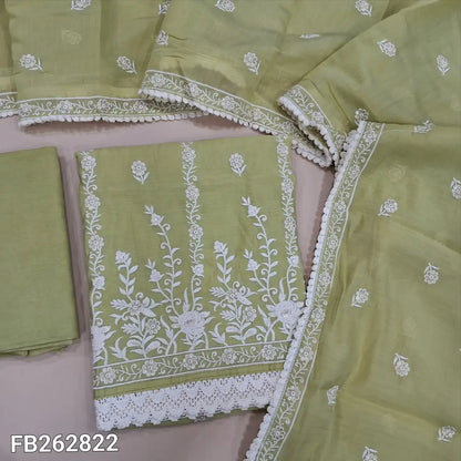 Pastel green soft silk cotton unstitched salwar material,embroidered and sequins on front(thin, lining needed) matching santoon bottom, embroidery work on soft silk cotton dupatta with lace tapping. FB262822