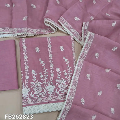 Pastel pink soft silk cotton unstitched salwar material,embroidered and sequins on front(thin, lining needed) matching santoon bottom, embroidery work on soft silk cotton dupatta with lace tapping. FB262823