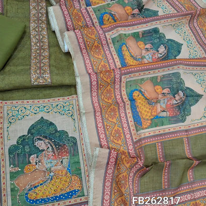 Olive green with golden tint tissue linen unstitched salwar material, sequins work on yoke,digital printed daman,panel design,(thin, lining needed) matching cotton bottom, digital printed tissue linen dupatta with lace tapping. FB262817