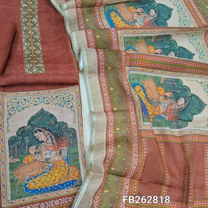 Brick red with golden tint tissue linen unstitched salwar material, sequins work on yoke,digital printed daman,panel design,(thin, lining needed) matching cotton bottom, digital printed tissue linen dupatta with lace tapping. FB262818