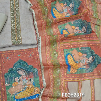 Rich beige with golden tint tissue linen unstitched salwar material, sequins work on yoke,digital printed daman,panel design,(thin, lining needed) matching cotton bottom, digital printed tissue linen dupatta with lace tapping. FB262819