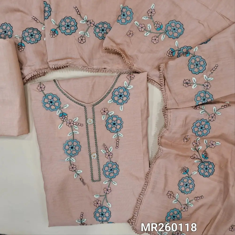 Pastel peach premium fancy silk cotton unstitched salwar material, embroidered yoke, embroidery on daman, (lining needed) matching cotton bottom, embroidery on soft silk cotton dupatta with lace tapping. MR260118