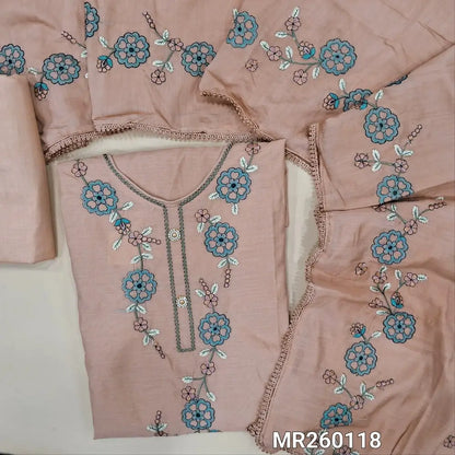 Pastel peach premium fancy silk cotton unstitched salwar material, embroidered yoke, embroidery on daman, (lining needed) matching cotton bottom, embroidery on soft silk cotton dupatta with lace tapping. MR260118