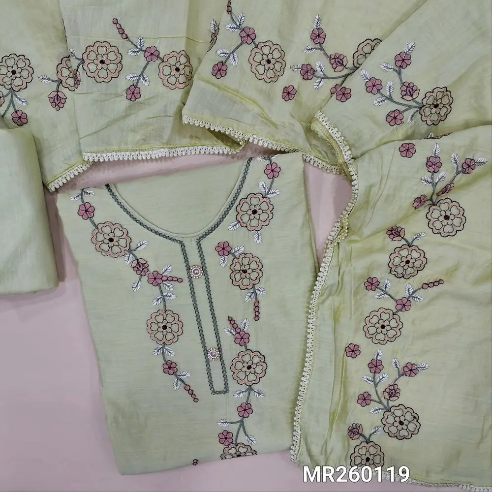 Green shade premium fancy silk cotton unstitched salwar material, embroidered yoke, embroidery on daman, (lining needed) matching cotton bottom, embroidery on soft silk cotton dupatta with lace tapping. MR260119